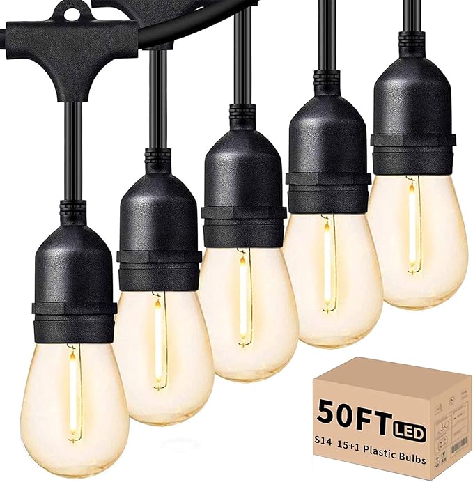 Svater Outdoor Led String Lights 50FT, Patio Lights with 16pcs S14 Shatterproof Bulbs, 1 Watt E26 Dimmable 2700K Warm White, IP65 Waterproof, Commercial Grade Light-Ruum Studio Home