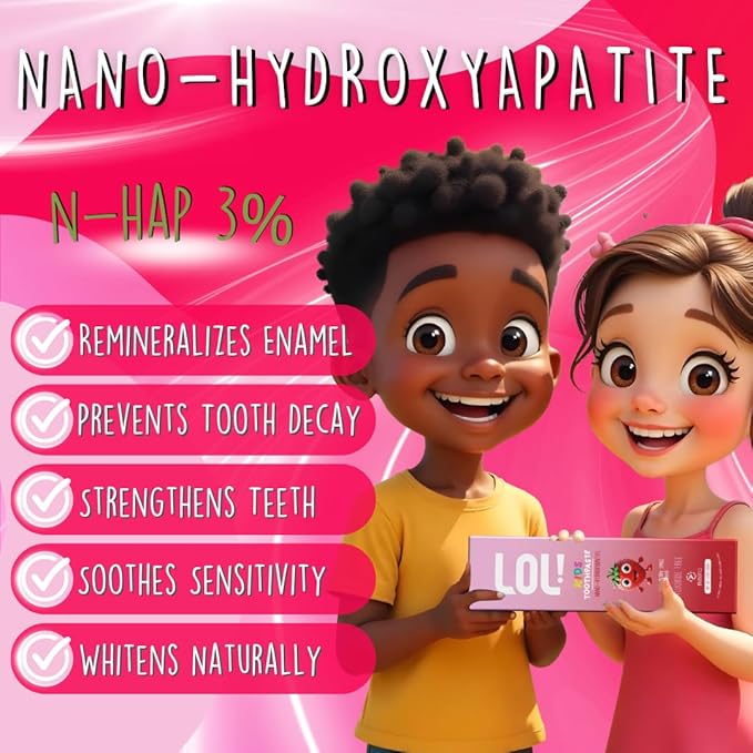 LOL Fluoride Free Toothpaste Kids, Nano Hydroxyapatite Toothpaste,Probiotics & Xylitol Tooth Paste Kids | Remineralizing | Natural | Plant-Based Foam | Pasta De Dientes para Niños. (Strawberry)-Ruum Studio Home