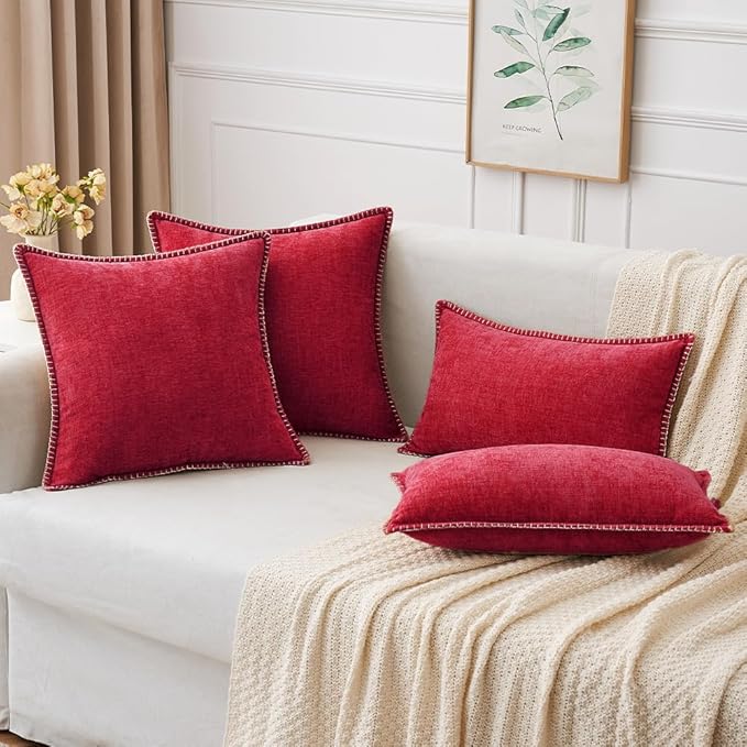 MIULEE Pack of 2 Christmas Pillow Covers 18x18 Inch Red Farmhouse Decorative Throw Pillow Covers with Stitched Edge Soft Chenille Solid Dyed Couch Pillow Covers for Sofa Bed Living Room-Ruum Studio Home