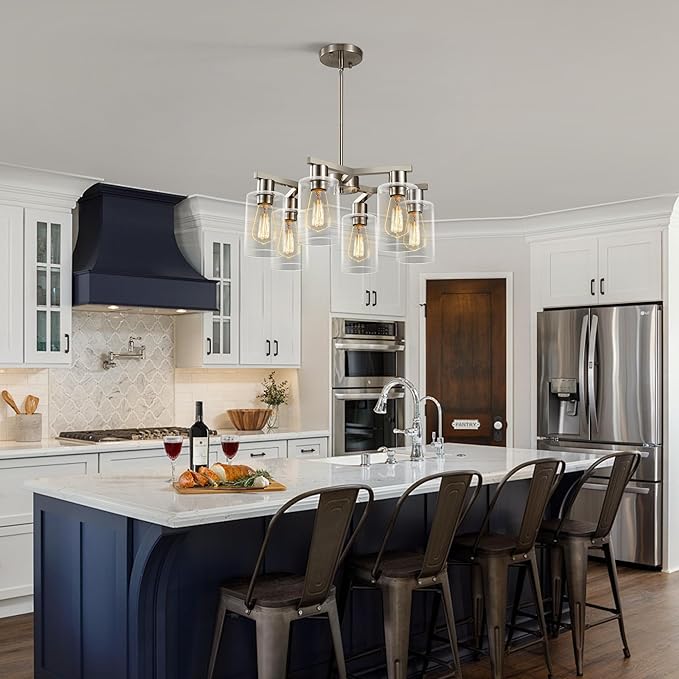 6-Light Modern Farmhouse Brushed Nickel Chandelier, Dining Room Light Fixture Over Table Adjustable Height Hanging Industrial Pendant Lights Kitchen Island, Clear Glass Shade-Ruum Studio Home