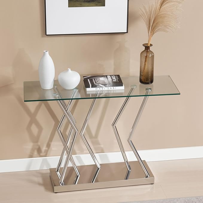 43.3" Glass Modern Console Table, Sturdy Silver Entryway Table with Stainless Steel Base, Rustic Entrance Table, Minimalist Narrow Tables for Living Room & Office-Ruum Studio Home