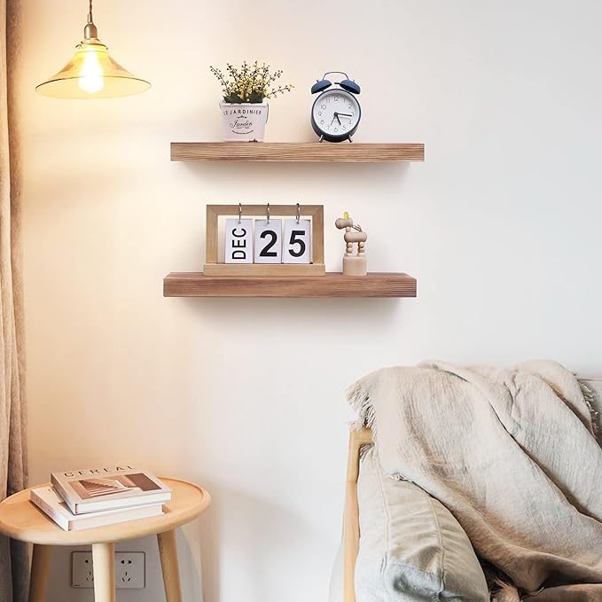 Fun Memories European Pine Floating Shelves for Wall, Mounted Shelf for Decor Storage Set of 2 - Natural Rustic Wooden Wall Shelf for Kitchen Bathroom Living Room Bedroom Farmhouse - Carbonized-Ruum Studio Home