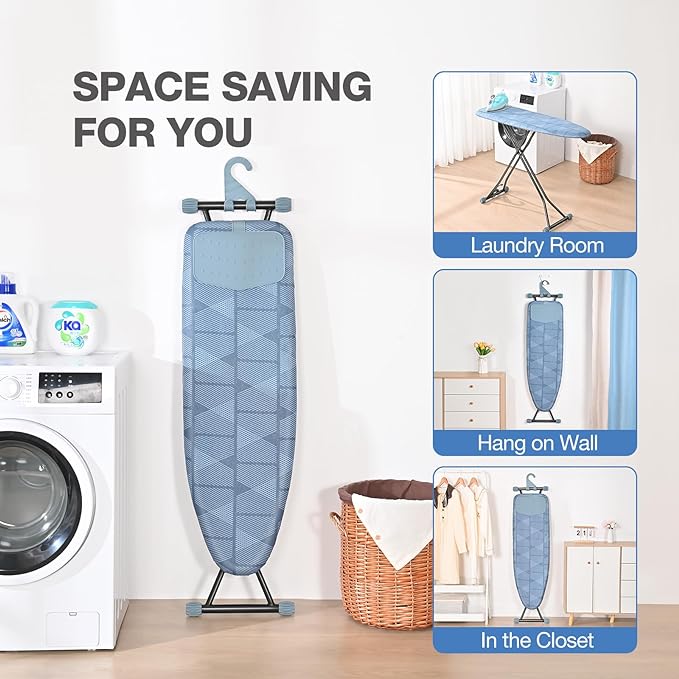 APEXCHASER Ironing Board with Iron Rest, Compact and Space Saver Iron Board, Extra Thick Cover, Height Adjustable, Wall Mount & Closet Hanger 13x43 Blue-Ruum Studio Home