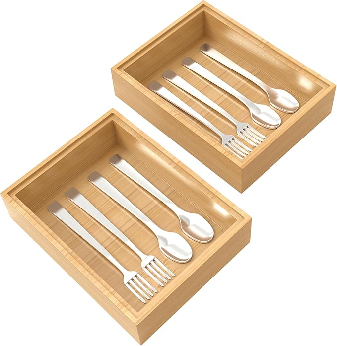 Bamboo Drawer Organizer, 2PCS Stackable Storage Boxes for Utensil Organizer, Wood Tray for kitchen, Bathroom and Bedroom 9" x 6" x 2"-Ruum Studio Home
