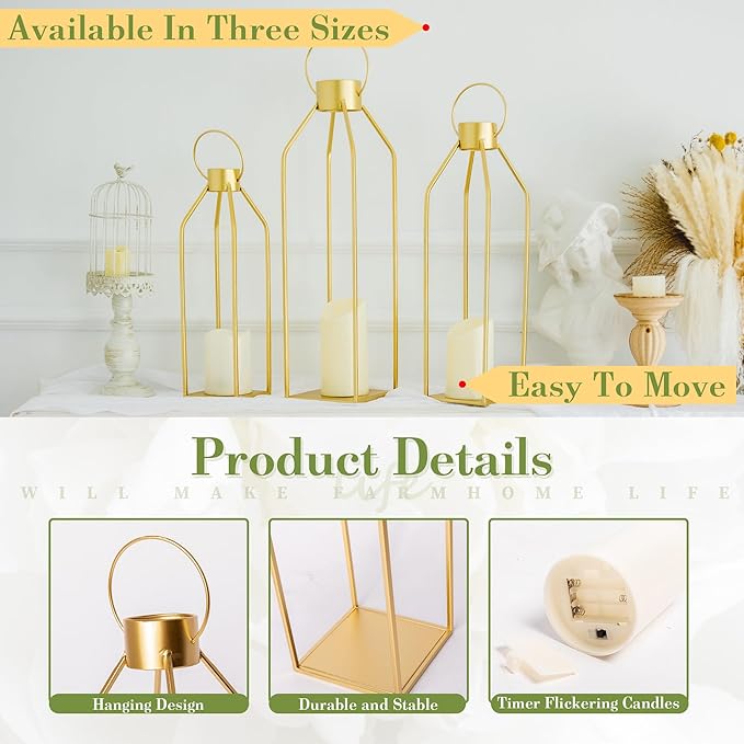 HPC DECOR Modern Farmhouse Lantern Decor- 22''19''16''Tall Large Gold Metal Candle Lanterns for Home Decor-Lanterns Decorative w/Timer Flickering Candles for Living Room,Outdoor,Fireplace Mantle Decor-Ruum Studio Home