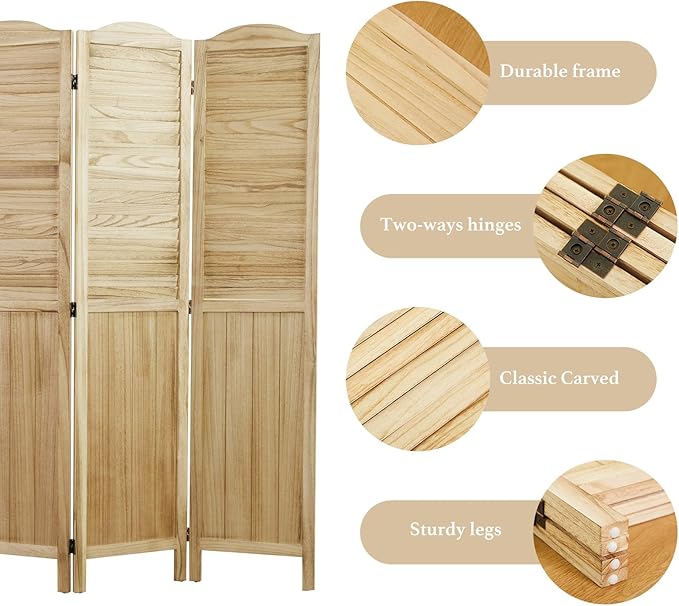 Room Partitions and Dividers, 68.9 Inch Temporary Wall with Double Hinges, Wooden Louver & MDF Stable Screens for Home Office Bedroom Coffeehouse Decoration (4 Panels, Wood Color)-Ruum Studio Home