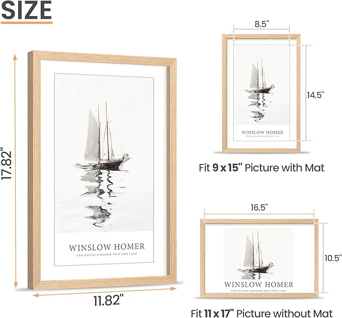 upsimples 11x17 Picture Frame, Natural Solid Wood Picture Frames, Display 9x15 with Mat or 11 x 17 Without, Vertical or Horizontal Wall Hanging, 1 Pack, Natural-Ruum Studio Home