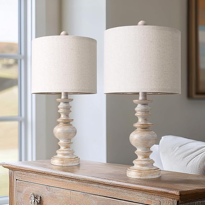 BOBOMOMO 20" Retro Table Lamps Set of 2 - Farmhouse Lamp for Living Room with Linen Shades, Rustic Bedside Nightstand Lamps, Resin Lamps for Bedroom Nursery Room Hallway - Ideal for Compact Spaces-Ruum Studio Home