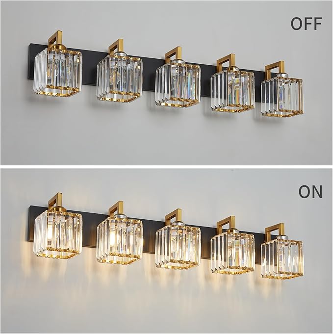 Modern Bathroom Vanity Light 5-Lights Black Gold Crystal Wall Lamp Bathroom Modern Crystal Vanity Lighting-Ruum Studio Home