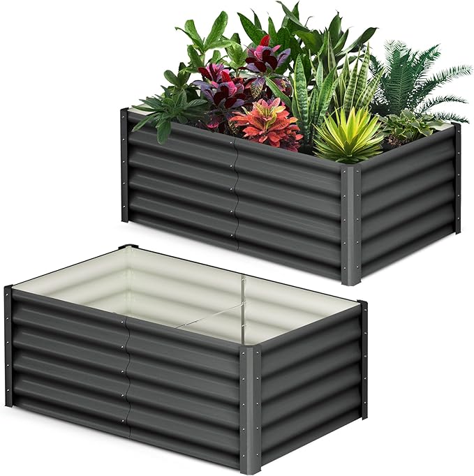 Galvanized Raised Garden Bed Outdoor, 2 Pcs 6x3x1.5FT Outdoor Large Planter Raised Beds Open Base with Safety Edge and Glove for Vegetables Flowers Ground Planter, Dark Grey-Ruum Studio Home