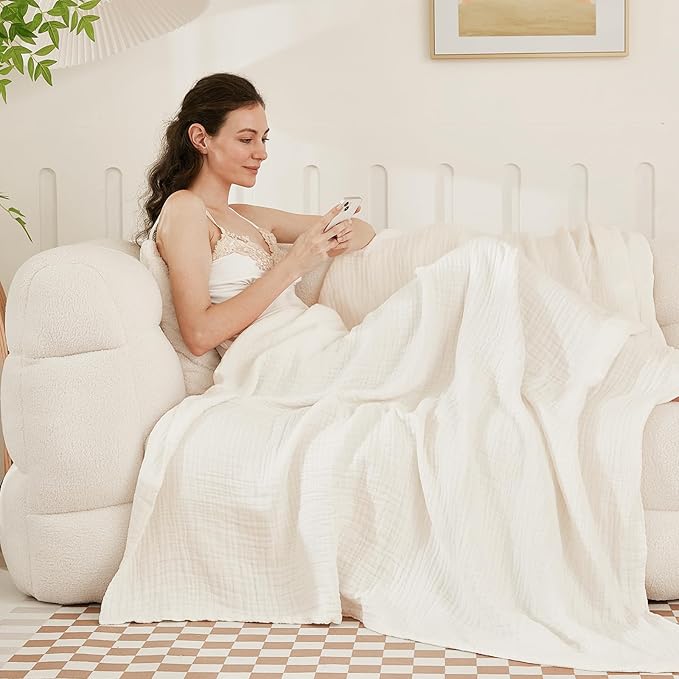 EMME Cotton Throw Blanket for Couch Soft Muslin Blankets 50"x60" Lightweight Breathable Blanket All Season Gauze Blanket, White-Ruum Studio Home