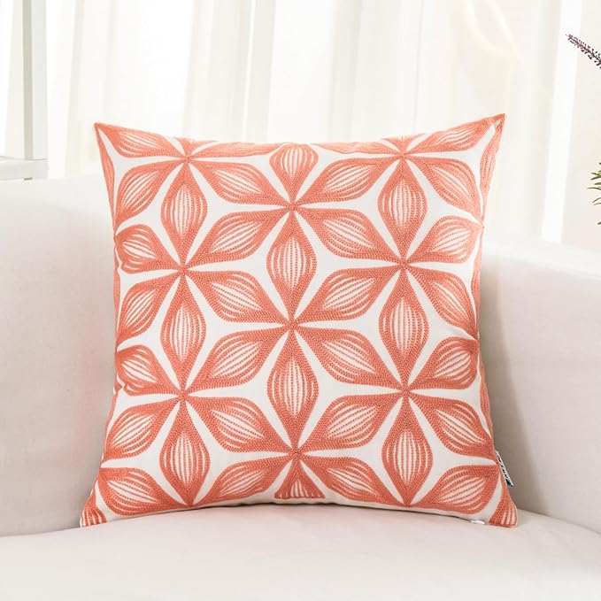 HWY 50 Coral Pink Decorative Throw Pillow Covers 18x18 Inch (1 Piece), Embroidered Cotton Farmhouse Cushion Cover Pillow Case for Sofa Couch Living Room Bed, Fashion Geometric-Ruum Studio Home