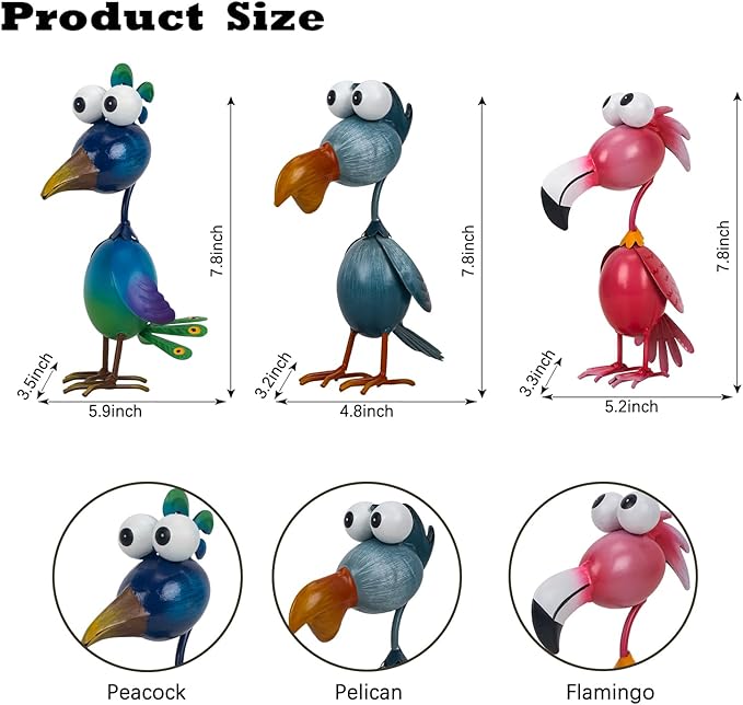 Kircust Outdoor Metal Bird Yard, Garden Decor for Outside Flamingo/Peacock/Pelican Decorations Art Statues, Lawn Ornaments for Courtyard, Patio, Backyard, Porch, Set of 3-Ruum Studio Home