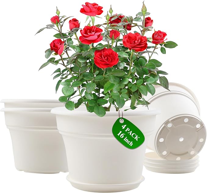 16 inch Plastic-Flower-Pot-for-Indoor-Plants, 4 Pack Large Outdoor Planter Pot with Drainage Holes & Saucers, Resin Decorative Garden Pots Planters-Ruum Studio Home