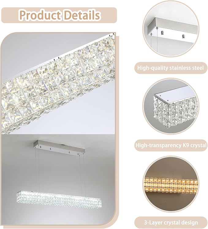 Modern Crystal Chandelier Silver Rectangular Crystal Chandelier Contemporary Linear Pendant Ceiling Light Fixture for Living Dining Room Kitchen Island (L 40")-Ruum Studio Home