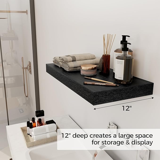 12 Inch Deep Black Floating Shelves, 24 x 12 Floating Shelf for Books, Rustic Wood Deep Wall Shelves for Home Storage & Display, 2" Thicked Shelves for Kitchen, Living Room, Bedroom, 2 Pack-Ruum Studio Home