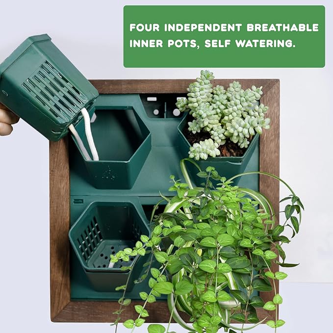 Vertical Wall Planter, 4 Pots Self Watering Living Planters Indoor, Wooden Frame Planter Wall Decoration Home Office (No Screw)-Ruum Studio Home