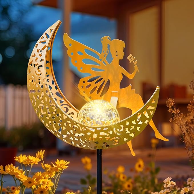 Fairy Moon Solar Lights Outdoor Garden Gifts for Mom Yard Decorations Stakes Lights, Waterproof LED Outside Backard Decor, Lawn Patio Ornaments, Mothers Day Birthday Gifts for Mom (Gold,1Pack)-Ruum Studio Home