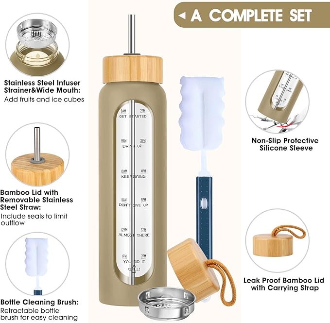 32 oz Glass Water Bottle with Straw - Motivational Time Marker & Silicone Sleeve - Reusable Tumbler Includes 2 Bamboo Lids & Fruit Infuser - 1 Pack-Ruum Studio Home