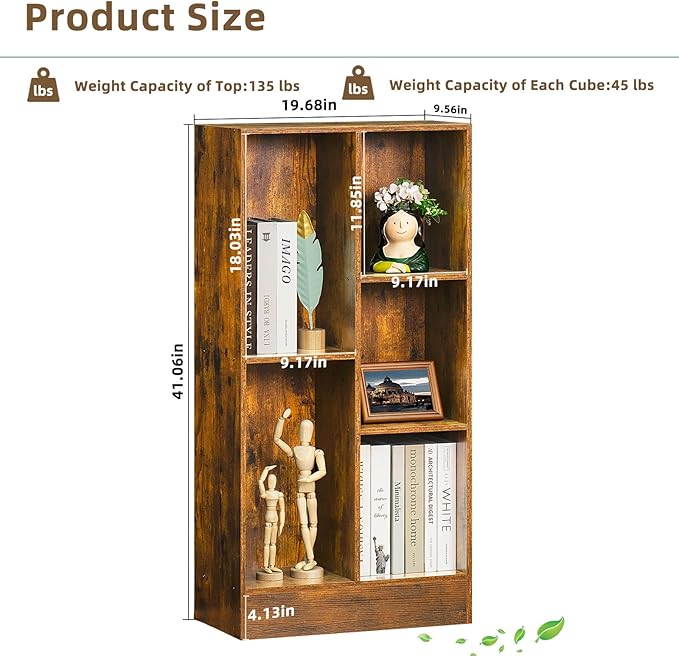 LEYAOYAO 5 Cube Mid-Century Modern Brown Wood Bookcase, 3 Tier Storage Organizer Shelf, Rustic Display Cabinet for Bedroom, Living Room, Office-Ruum Studio Home