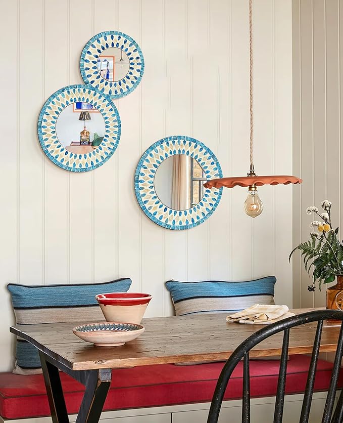 TEIPAI Handmade Mother of Pearl Mirror for Wall Decor, 3PCS Round Decorative Mirrors for Beach Nautical Home Hotel Coffee Shop, Natural Plate Art Hanging Sculpture for Dorm Apartment Entryway (Blue)-Ruum Studio Home