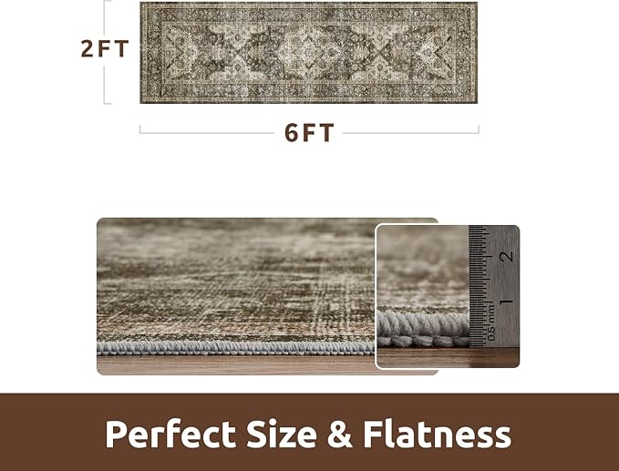 AMOAMI-2X6 Runner Rug-Washable Runners for Hallways-Soft Non Slip Bedside Rugs for Bedroom-Vintage Long Rug for Hallways Entryway Laundry Room Stair Kitchen Bathroom Light Brown/Coffee-Ruum Studio Home