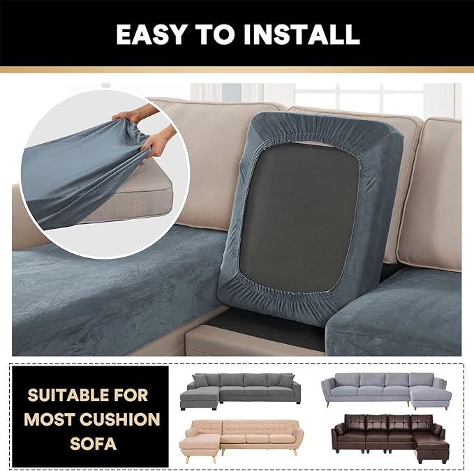 PrinceDeco 4-Piece Sectional Couch Cover Set - Thick Chaise & Couch Cushion Covers with Elastic Band for L-Shape Sofa, 3 Seater + 1 Chaise, Stone Blue-Ruum Studio Home