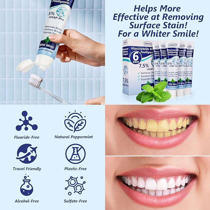 7.5% Nano Hydroxyapatite Toothpaste,6 Pack Fresh Breath Toothpaste for Remineralizing Enamel & Sensitive Relief,Whitening,Antiplaque,Natural Peppermint,Fluoride-Free-Ruum Studio Home