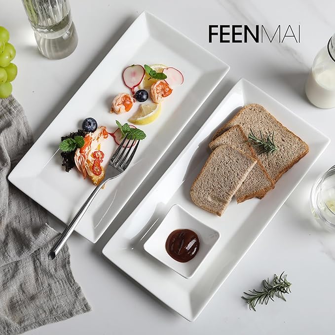 12" Serving Platters Set of 4, White Rectangular Plates, Ceramic Serving Tray, Stackable Large Party Plates for Appetizer, Dessert, Steak, Sushi, Housewarming, Oven Dishwasher Safe-Ruum Studio Home