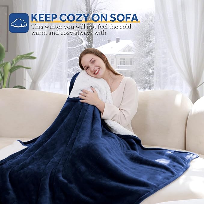 Sealy Electric Blanket Throw Size 50"*60",Super Cozy Flannel to Sherpa Reversible Heated Blanket Throw with 6 Heating Levels & 2-10 Hours Auto Off Overheating Protection Machine Washable,Navy-Ruum Studio Home