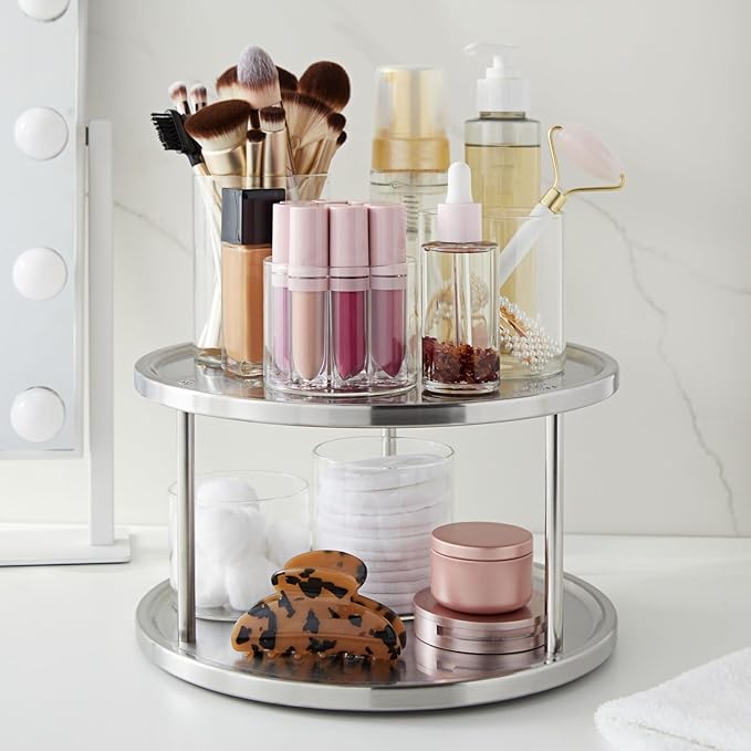 Juvale 2-Tier Lazy Susan Spice Rack Organizer for Cabinet - Stainless Steel Spice Carousel - Pantry & Kitchen Countertop Organizer (10.5 in)-Ruum Studio Home
