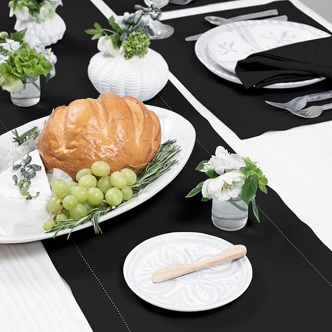 Solino Home Linen Black Table Runner 48 Inches - Classic Hemstitch, 100% Pure Linen Coffee Table Runner 14 x 48 Inch Ideal for Dresser Tables - Fall, Autumn, Halloween, Thanksgiving-Ruum Studio Home