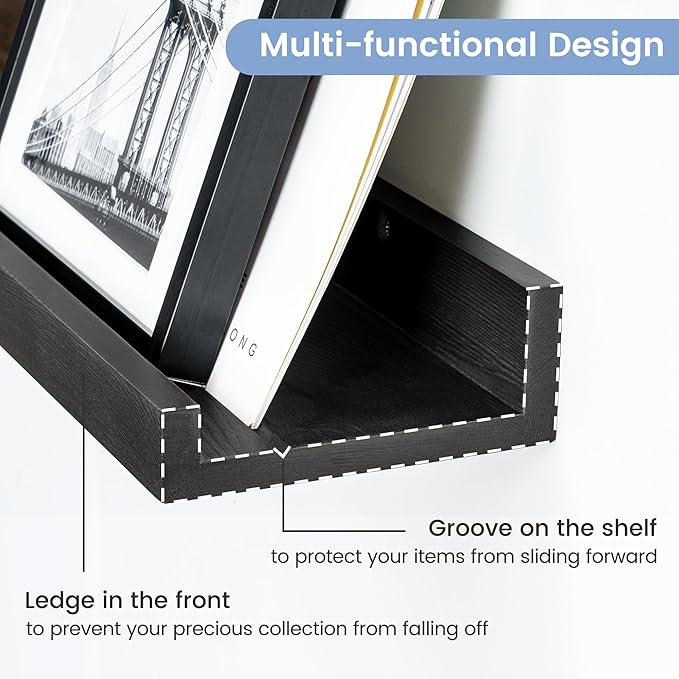 Picture Ledge Wall Shelves 24 inches Width Set of 3, Solid Pine Wood Rustic Floating Ledge Shelves for Kids' Room Bedroom Kitchen Bathroom Living Room Nursery Display Wall Decor, Black-Ruum Studio Home