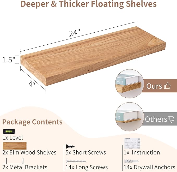 Axeman Floating Shelves for Wall, 24''W x 8'' D Rustic Solid Elm Wood Shelves for Storage, Wall Mounted Display Shelving with Invisible Heavy-Duty Metal Bracket (Natural, 2PCs)-Ruum Studio Home