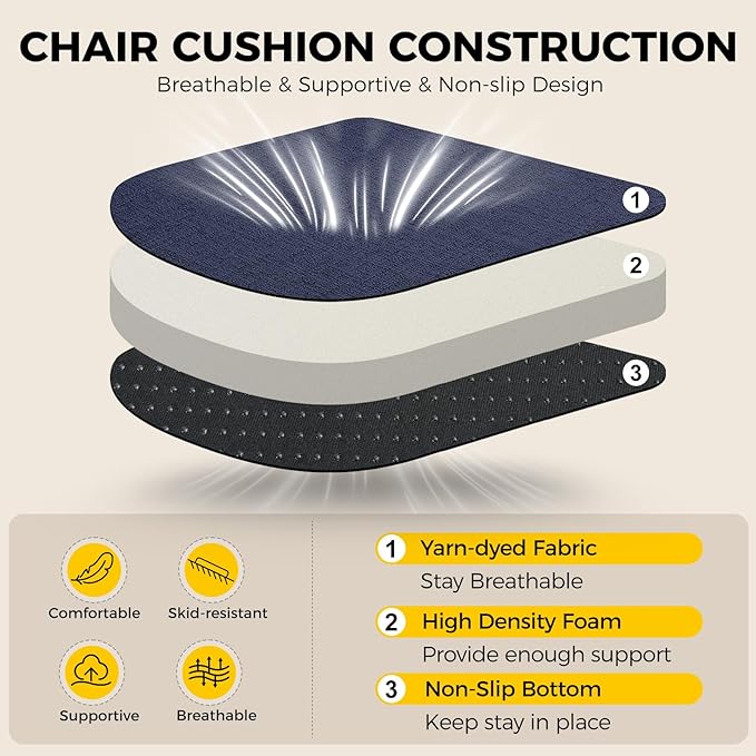 downluxe Indoor Chair Cushions for Dining Chairs, Soft and Comfortable Textured Foam Kitchen Chair Pads with Ties and Non-Slip Backing, 16" x 16" x 2", Navy, 2 Pack-Ruum Studio Home