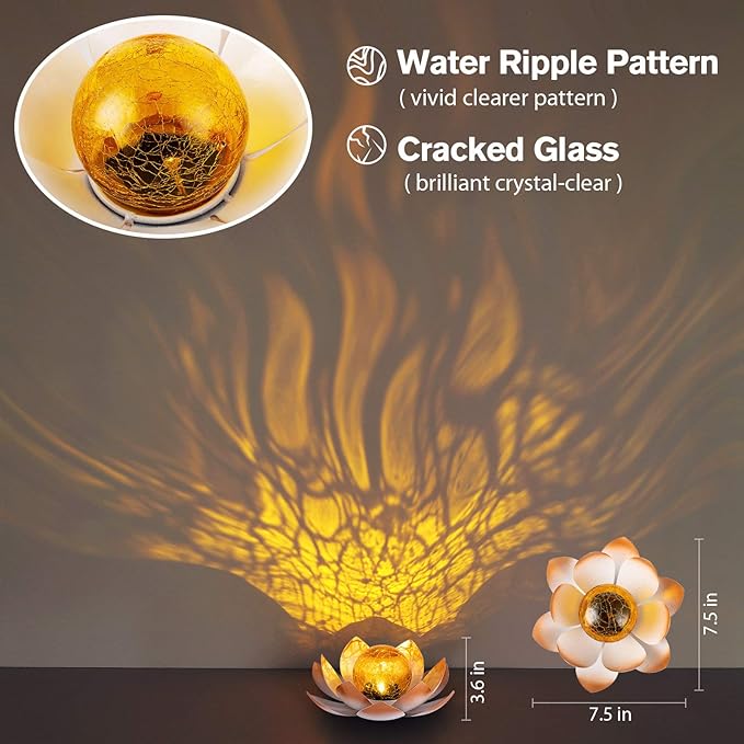 Garden Solar Lights Outdoor(2Pack) , Amber Crackle Globe Glass Lotus Decoration , Waterproof Orange Metal LED Flower Lights for Patio,Lawn,Walkway,Tabletop,Ground, Garden Gifts for Women-Ruum Studio Home