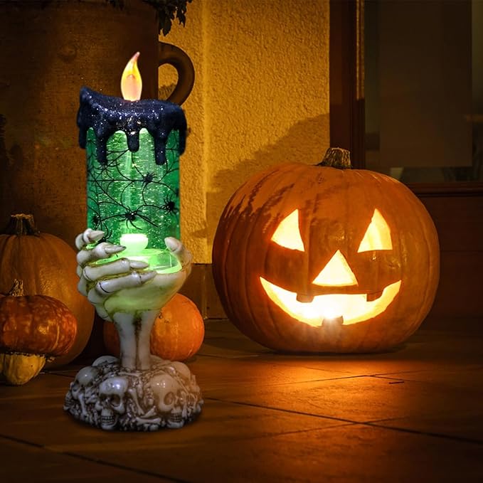 Eldnacele Halloween Snow Globe Candles Lighted Lamp USB Powered Battery Operated Spooky Spinning Water Glittering Tornado Flameless Candles Skeleton Hand Holder Halloween Centerpiece Decor(Spider)-Ruum Studio Home