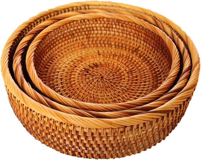 3 Pack Hadewoven Round Rattan Fruit Basket Wicker Food Tray Weaving Storage Holder Dinning Room Bowl, 10 Inch Small Wicker Basket Serving Tray Woven Basket for Bread,Snack,Brown(3-Size Kit)-Ruum Studio Home