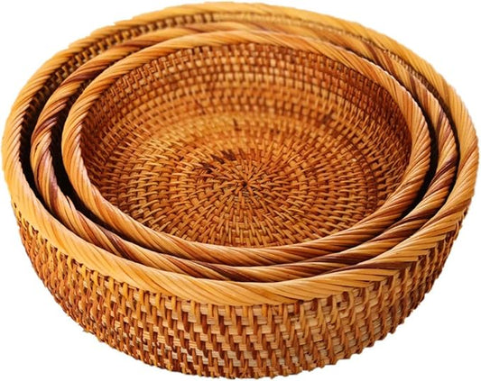 3 Pack Hadewoven Round Rattan Fruit Basket Wicker Food Tray Weaving Storage Holder Dinning Room Bowl, 10 Inch Small Wicker Basket Serving Tray Woven Basket for Bread,Snack,Brown(3-Size Kit)-Ruum Studio Home
