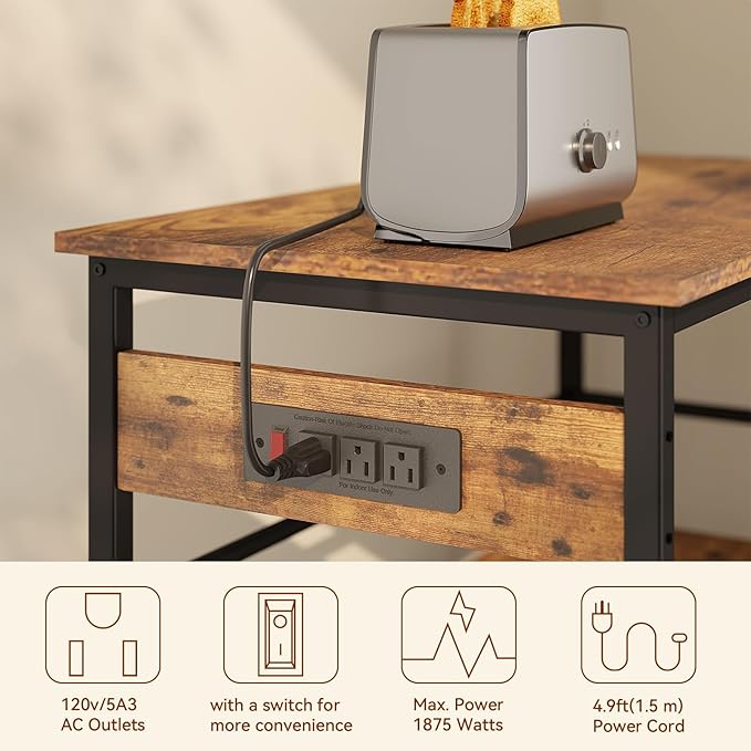 IBUYKE Kitchen Island with Storage, Bakers Rack with Power Outlet,Microwave Stand with Large Worktop,Rolling Bar Cart for Home, Outdoor, Kitchen,Rustic Brown and Black TMJ029H-Ruum Studio Home
