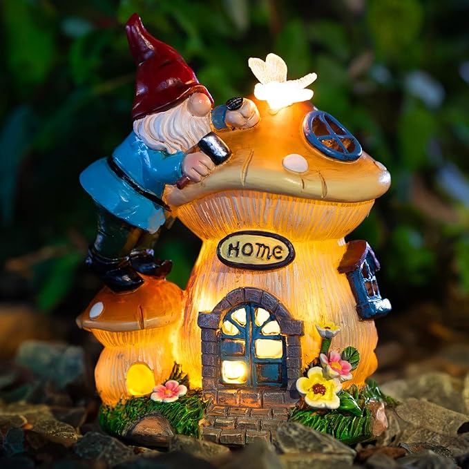 Garden Gnome Statues Figurine Lights - Solar Powered Lighting Outdoor Decorations, Gnome Build Mushroom Fairy House, Yard Art Lawn Ornaments for Porch Patio Balcony - Gnome Gifts for Women Mom-Ruum Studio Home