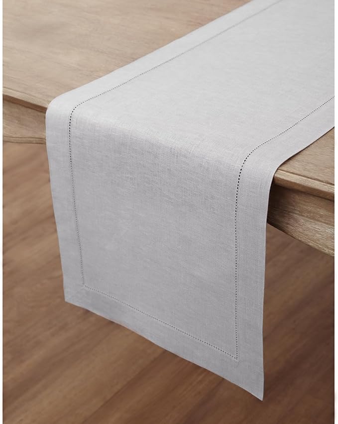 Solino Home Linen Soft Grey Table Runner 108 Inches Long - 100% Pure Linen 14 x 108 Inch Table Runner for Fall, Autumn, Thanksgiving - Classic Hemstitch-Ruum Studio Home