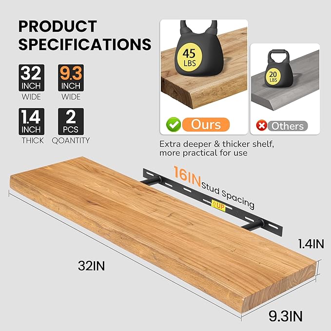Fun Memories Floating Shelves for Wall, Live Edge 32" W x 9.3" D x 1.5" H Wood Floating Shelf, Set of 2 with Invisible Heavy-Duty Metal Bracket, Deep Floating Shelf for Living Room Kitchen, Natural-Ruum Studio Home