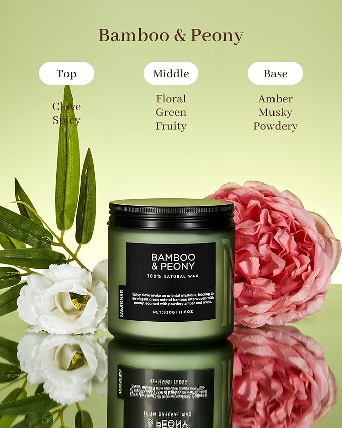 M&SENSE Bamboo Peony Scented Candle, 11.6oz Aromatherapy Jar Candle, 70 Hour Burn Time, Natural Soy Wax Blend, Stress Relief, Home Fragrance-Ruum Studio Home