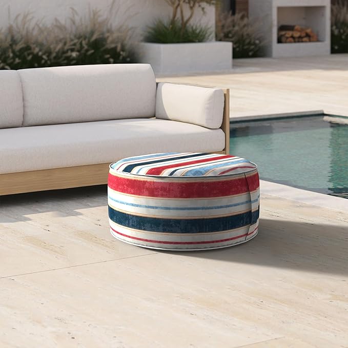 Inflatable Ottoman Stool D21 xH9 for Outdoor/Indoor Use, Water Repellent Patio Foot Rest Stool with Portable Handle,Round Pouf Ottoman Suitable for Garden,Deck and Camping - Stripe Red Blue-Ruum Studio Home