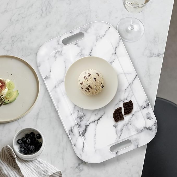 Serving Trays with Handles, 14.5 x 9.8 inch Rectangular Plastic Tray for Restaurant, Kitchen, Gray White Marble-Ruum Studio Home