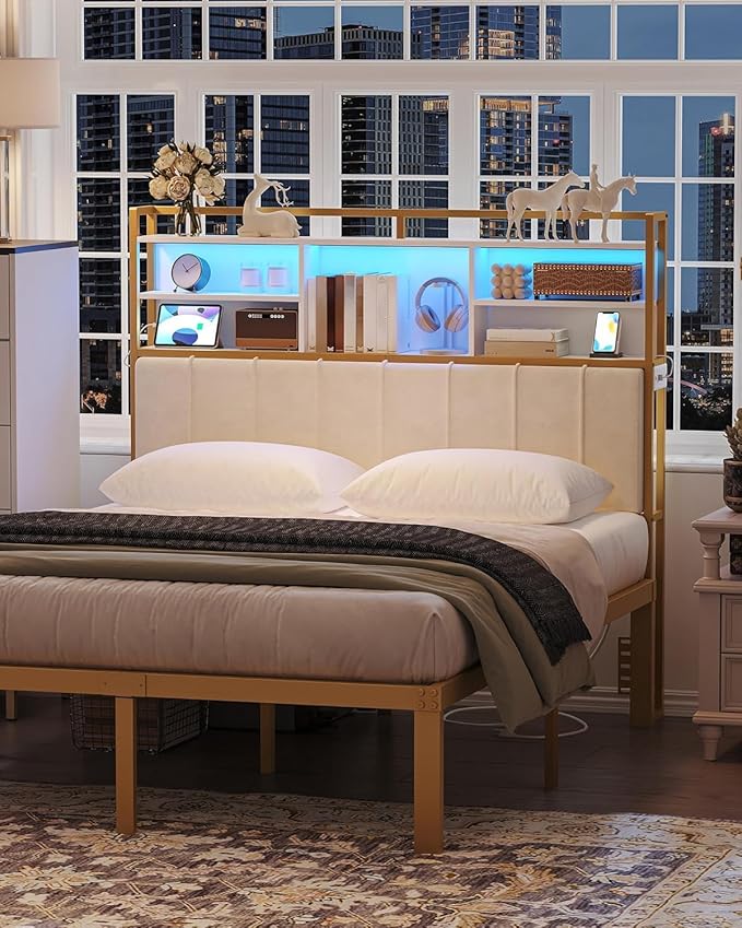 Headboard with 3-Tier Storage Shelves, Velvet Upholstered Head Board with 2 Outlets, USB Ports & LED Light, Soft Backrest for Queen Size Bed, White and Gold BH15203AV1-Ruum Studio Home