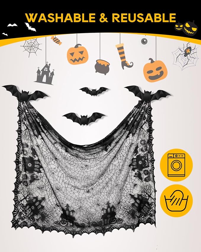 eZAKKA Halloween Table Cloth with 16 Pcs Bats Wall Decor, Spider Web Table Cloth Black Tablecloth Lace Fabric Table Cloths for Rectangle for Parties Gothic Spooky Home Decorations, 53x68 Inch-Ruum Studio Home