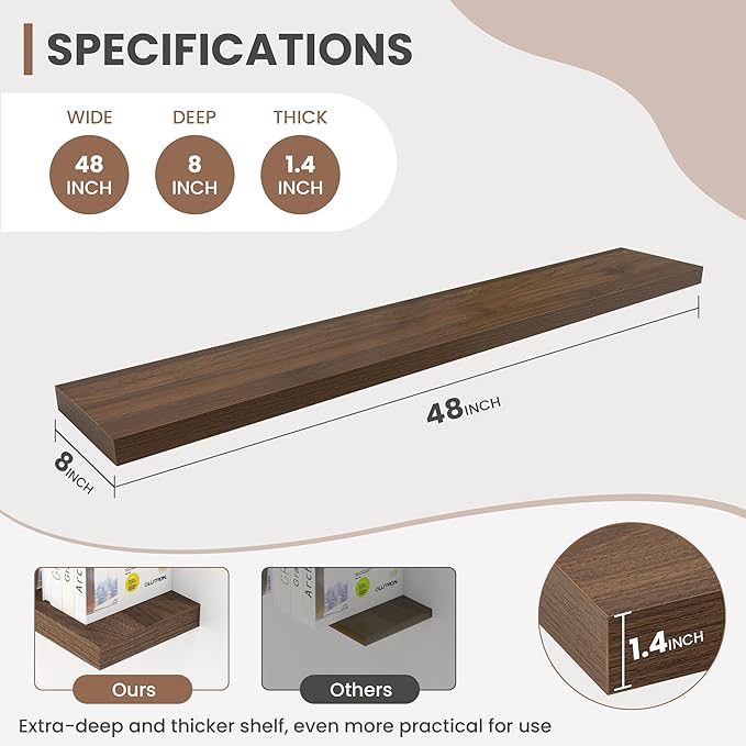 48 Inch Floating Shelves, 8 Inch Deep Floating Shelves for Wall, Hanging Shelf with Invisible Brackets, Deep Shelves for Bathroom, Bedroom, Living Room, Walnut, Set of 1-Ruum Studio Home