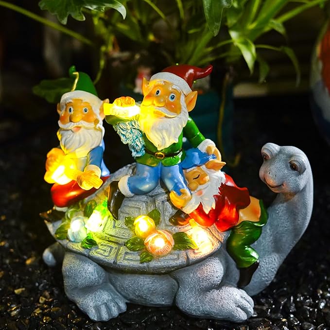 Upgraded Size Solar Garden Outdoor Statues Three Gnomes having party on turtle with 7 LED Solar Figurine for Lawn,Patio,Balcony,Yard Decor Unique Housewarming Gift, for grandfather, Father,Grandma,Wen-Ruum Studio Home
